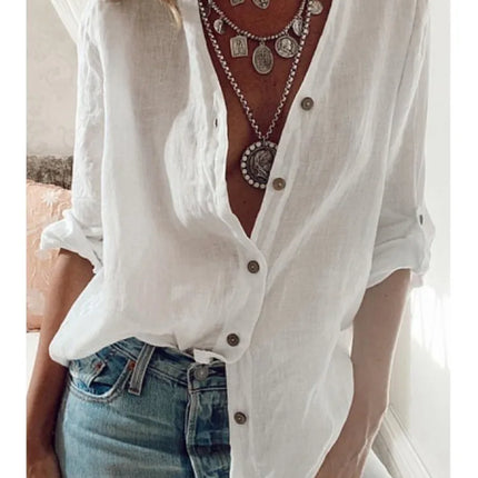 Women Cotton Foldable Sleeves Long Sleeve Top V Neck Button by zapcart