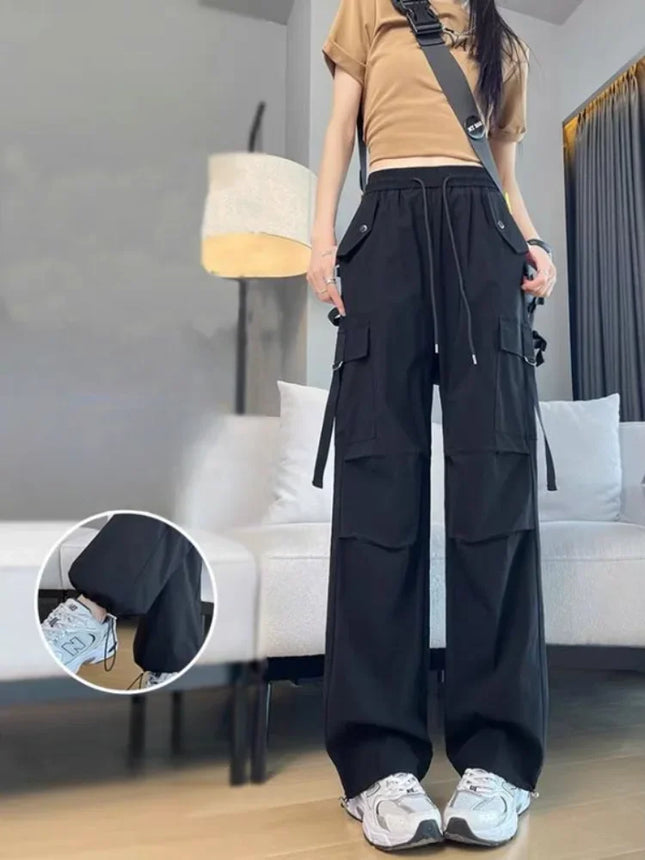 High Waist Black Cargo Trousers For Women Drawstring by zapcart