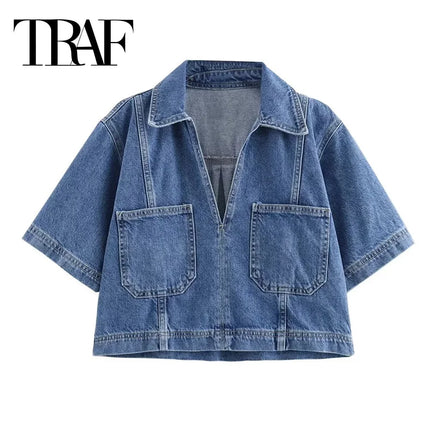 TRAF Blue Denim Shirt Cropped Short Sleeve Women Y2K Trendy by zapcart
