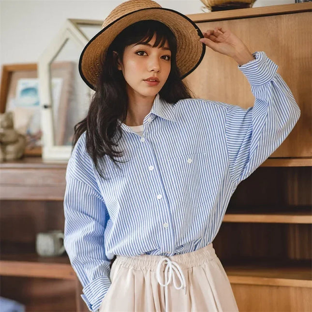 Maden Women's Plus Size Oversized Blue White Striped Blouse by zapcart