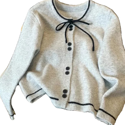 Women's Lace Up Bow Cardigan Sweater Single Breasted CN by zapcart