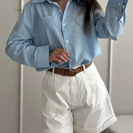 Blue Oversize Cotton Linen Shirt For Women Breathable by zapcart