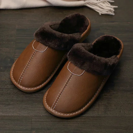 FONGIMICCN Men Winter Leather Slippers Velvet Waterproof by zapcart
