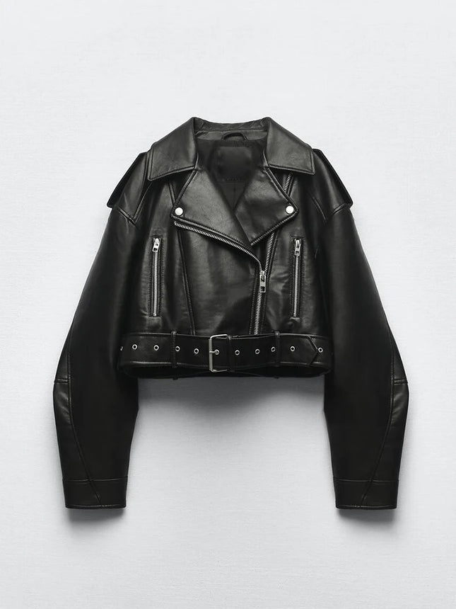Ailegogo Women Chic Faux PU Leather Short Jacket With Belt by zapcart