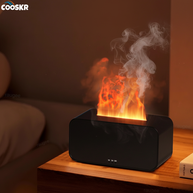 Black Cooskr flame humidifier on British bedroom nightstand
