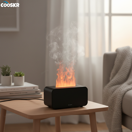 Black Cooskr flame humidifier on British living room table