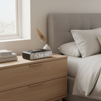 Black Opansten on contemporary bedroom dresser