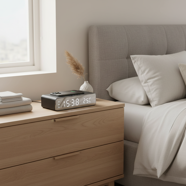 Black Opansten on contemporary bedroom dresser