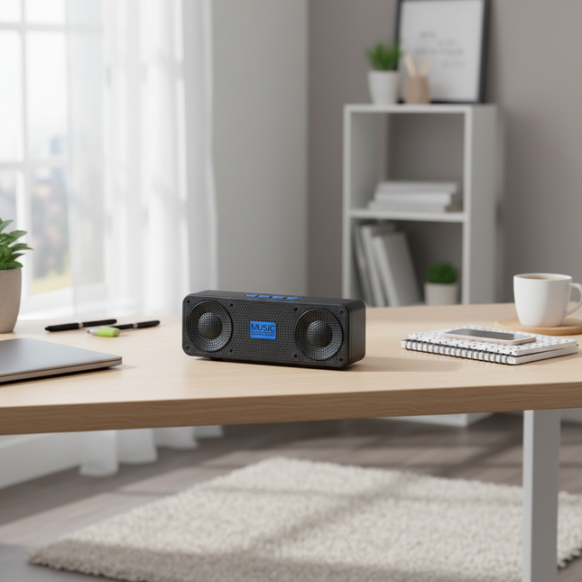 Black S18 wireless speaker on British home desk