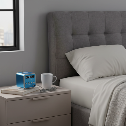 Blue TD-V26 portable radio on British nightstand