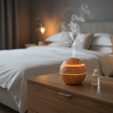 Brown aroma diffuser on British bedroom dresser at night
