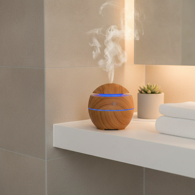 Brown wood-grain diffuser in British bathroom