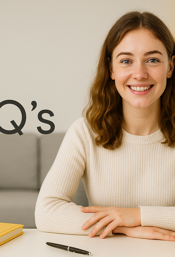 create a horizontal lifestyle image for our FAQ page, while using fine touches of our yellow theme color, do not fill it with yellow, show english girl, and put "FAQ's" word on image