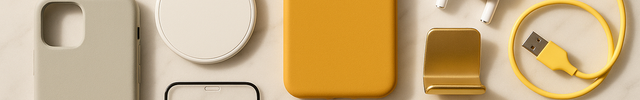 Create a lifestyle cell phone accessories horizontal image for our cell phones collection and also give a touch of our yellow color theme. dont make whole image yellow, just give lighter touch