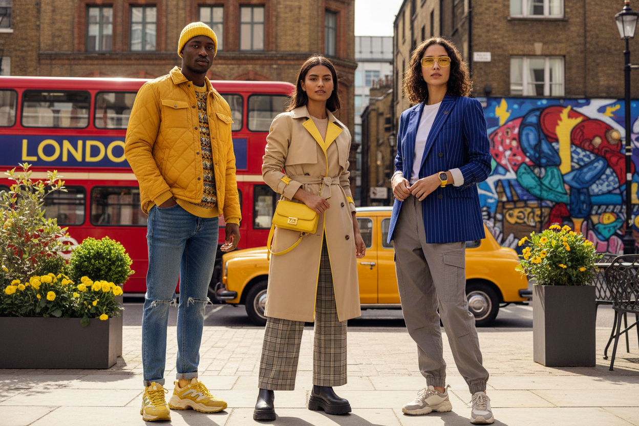 create a lifestyle hero banner with british style models, showcasing the clothing styles in britain, use fine touches of yellow theme color, and use bright colors in banner. The height of banner is half than the regular that is 300 for desktop and 40 for mobile, no text to add