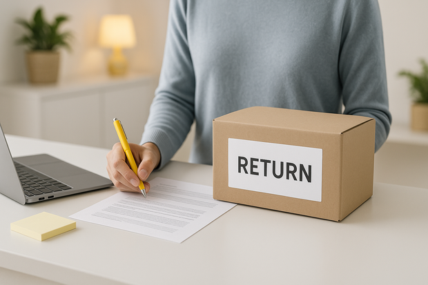 create a lifestyle horizontal image for our "return and refund policies" at center page while using fine touches of our yellow theme color, dont fill it with yellow. highly appropriate image for this page