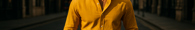 create a lifestyle street image for men shirts collection for uk market with yellow attire and cinematic effects.