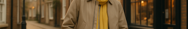 create a stunning lifestyle horizontal image in which a model wear a trendy jacket while using the lighter touch of our yellow theme color. it should be different from above image. it should be in some street of England.