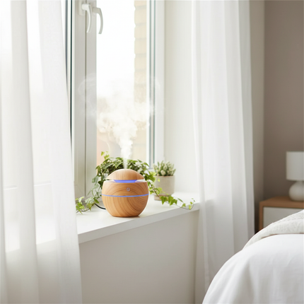 Khaki aroma humidifier on British bedroom windowsill