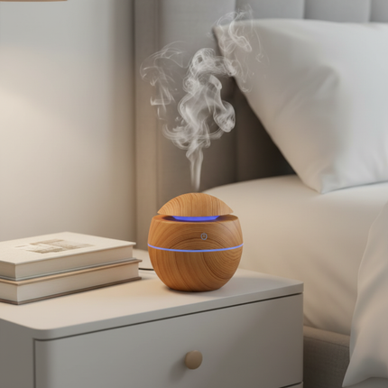 Khaki wood-grain aroma diffuser on British nightstand