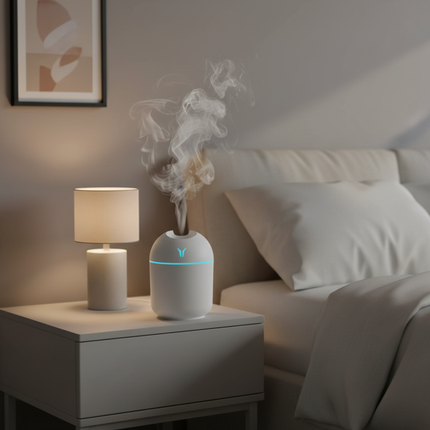 Mini USB aroma humidifier on British nightstand