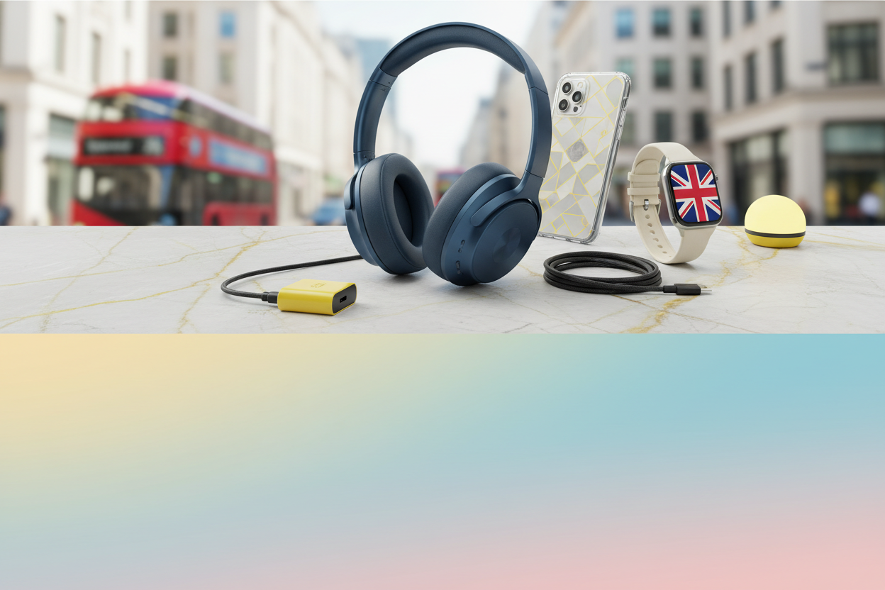 put products at top side of banner, create a lifestyle hero banner with british style electronics accessories, showcasing the electronics demanding in britain, use fine touches of yellow theme color, and use bright colors in banner. The height of banner is half than the regular that is 300 for desktop and 40 for mobile, no text to add. put the products at top portion on the banner, so not to be cut in half banner