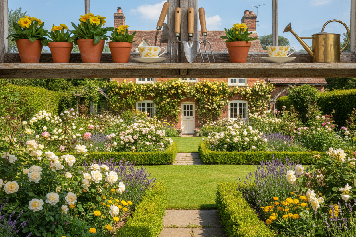 put products at top side of banner, create a lifestyle hero banner with british style home and garden, showcasing the home and garden demanding in britain, use fine touches of yellow theme color, and use bright colors in banner. The height of banner is half than the regular that is 300 for desktop and 40 for mobile, no text to add. put the products at top portion on the banner, so not to be cut in half banner size