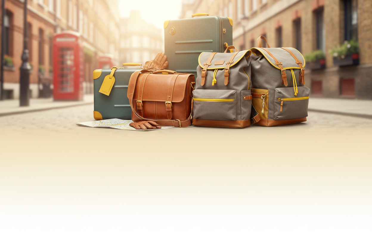 put products at top side of banner, create a stunning lifestyle hero banner with british style bags, backpacks & suitacases products collection, use fine touches of our yellow theme color, and use bright colors in banner. The height of banner is half than the regular that is 300 for desktop and 40 for mobile, no text to add. put the products at top portion on the banner, so not to be cut in half banner size