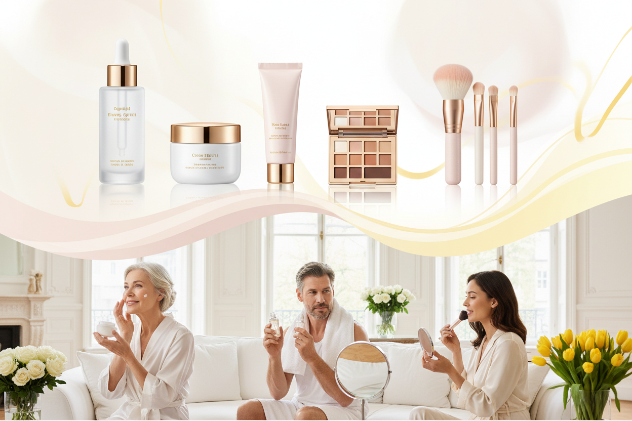 put products at top side of banner, create a stunning lifestyle hero banner with british style beauty and care products collection, showcase them using by british style models. use fine touches of our yellow theme color, and use bright colors in banner. The height of banner is half than the regular that is 300 for desktop. put the products at top portion on the banner, so not to be cut in half banner size. create 2 separate portions upper and bottom and connect them in a stunning way