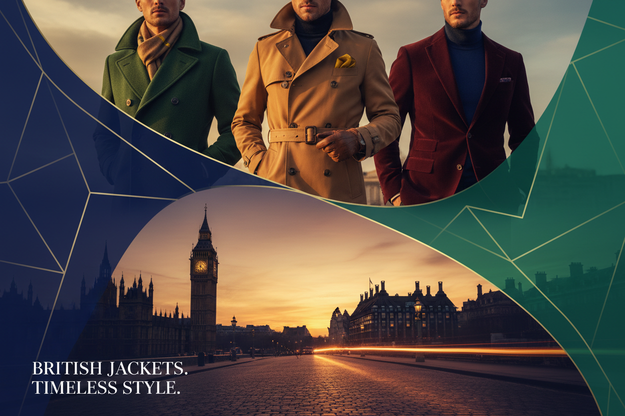put products at top side of banner, create a stunning lifestyle hero banner with british style men jackets products collection, showcase them using by british style models. use fine touches of our yellow theme color, and use bright colors in banner. The height of banner is half than the regular that is 300 for desktop. put the products at top portion on the banner, so not to be cut in half banner size. create 2 separate portions upper and bottom and connect them in a stunning way