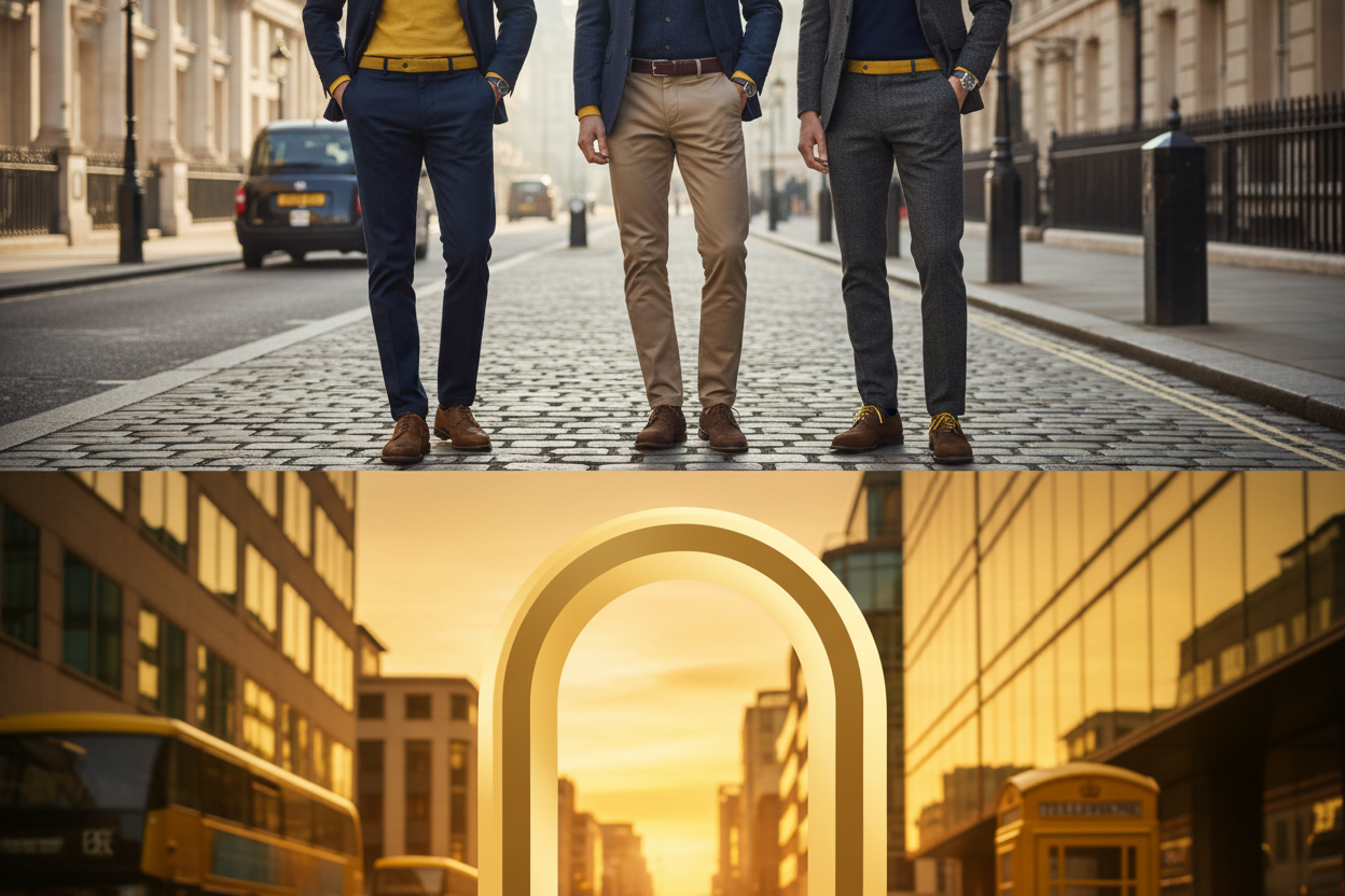 put products at top side of banner, create a stunning lifestyle hero banner with british style men pants products collection, showcase them using by british style models. use fine touches of our yellow theme color, and use bright colors in banner. The height of banner is half than the regular that is 300 for desktop. put the products at top portion on the banner, so not to be cut in half banner size. create 2 separate portions upper and bottom and connect them in a stunning way