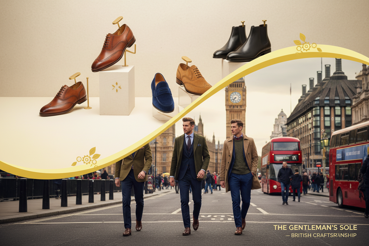 put products at top side of banner, create a stunning lifestyle hero banner with british style men shoes products collection, showcase them all kinds of shoes by using british style models. use fine touches of our yellow theme color, and use bright colors in banner. The height of banner is half than the regular that is 300 for desktop. put the products at top portion on the banner, so not to be cut in half banner size. create 2 separate portions upper and bottom and connect them in a stunning way