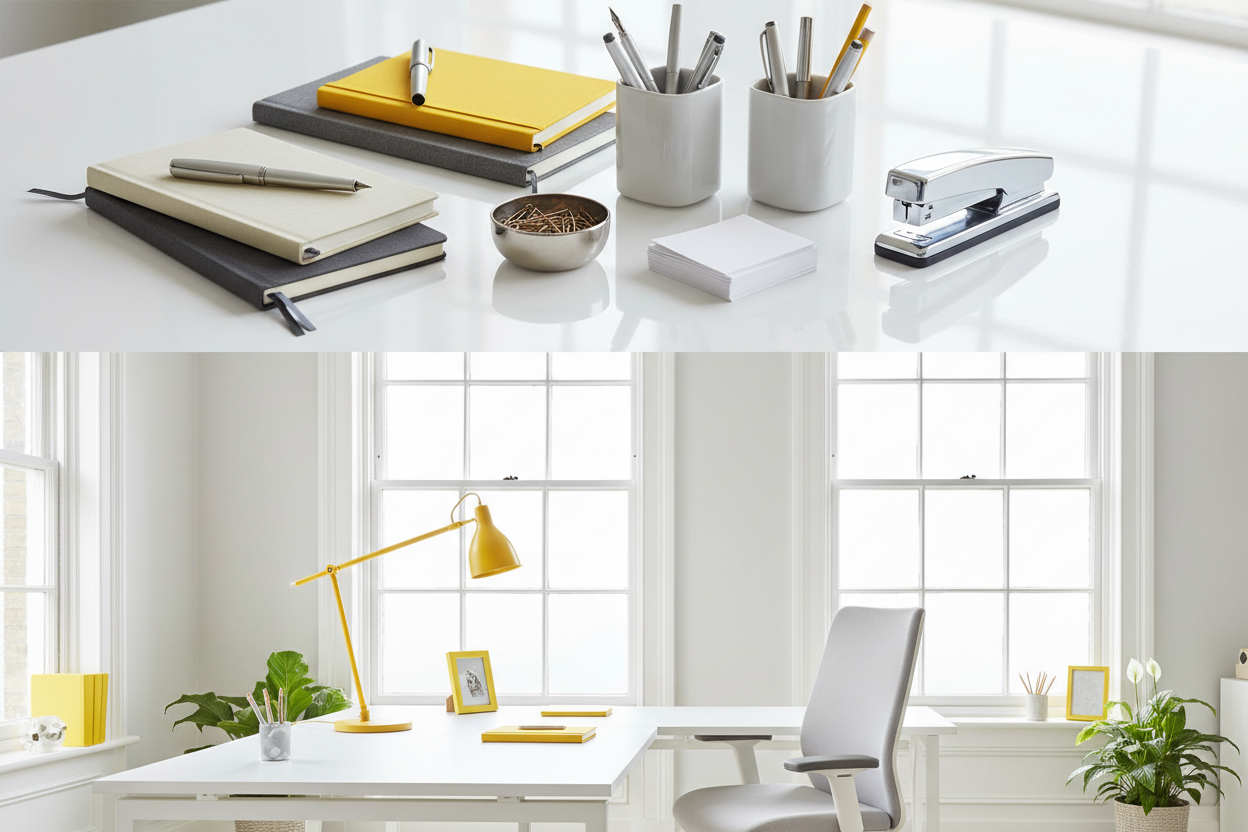 put products at top side of banner, create a stunning lifestyle hero banner with british style office and assistance products collection, use fine touches of our yellow theme color, and use bright colors in banner. The height of banner is half than the regular that is 300 for desktop and 40 for mobile, no text to add. put the products at top portion on the banner, so not to be cut in half banner size. dont rush with products, just present decently and cover both upper and lower portions