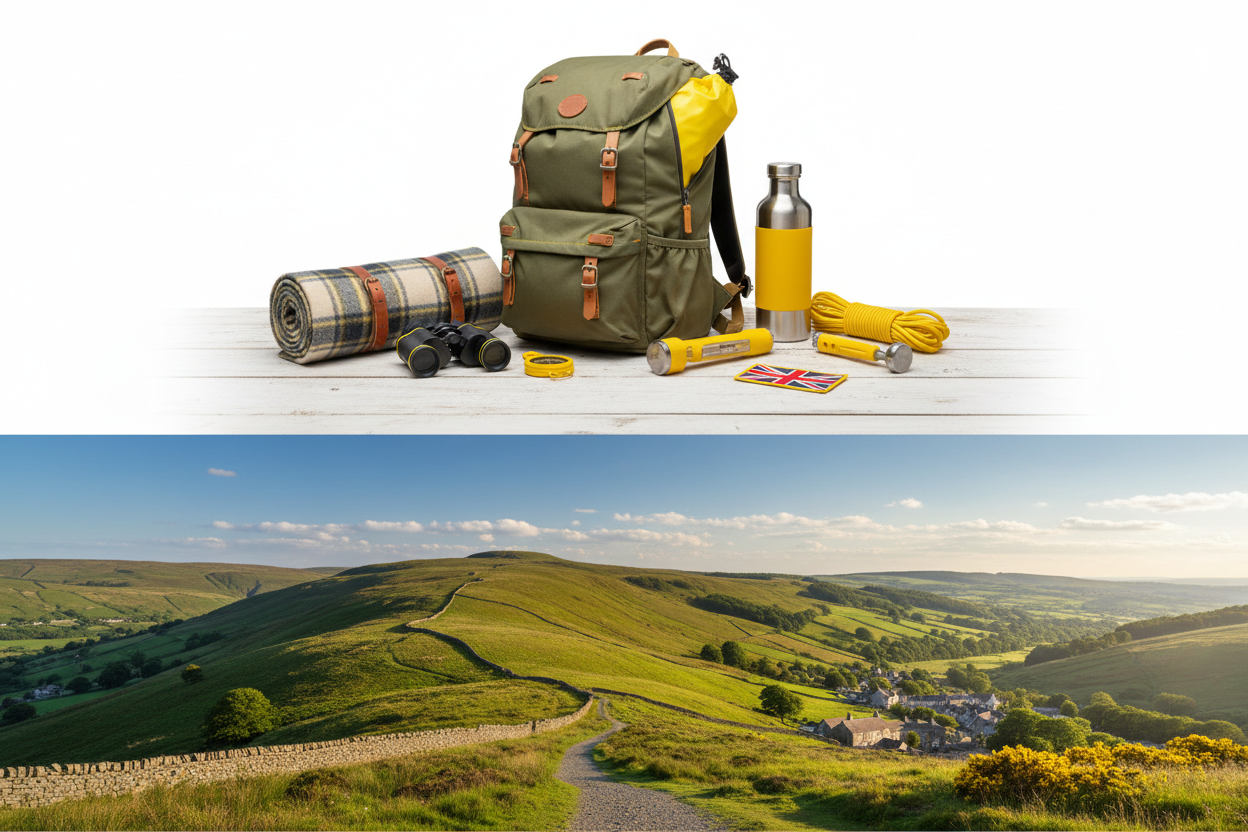 put products at top side of banner, create a stunning lifestyle hero banner with british style sports and outdoor products collection, use fine touches of our yellow theme color, and use bright colors in banner. The height of banner is half than the regular that is 300 for desktop and 40 for mobile, no text to add. put the products at top portion on the banner, so not to be cut in half banner size. dont rush with products, just present decently and cover both upper and lower portions