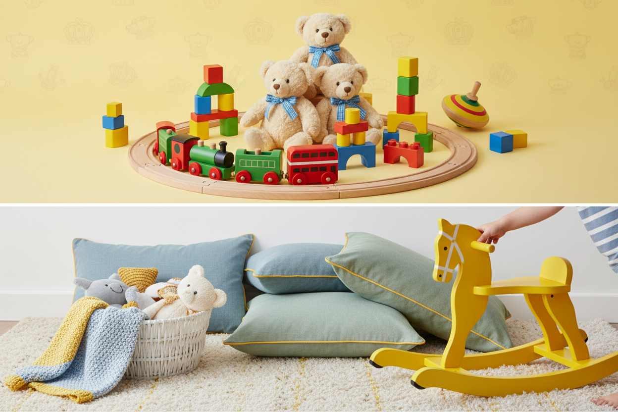 put products at top side of banner, create a stunning lifestyle hero banner with british style toys and play products collection, use fine touches of our yellow theme color, and use bright colors in banner. The height of banner is half than the regular that is 300 for desktop and 40 for mobile, no text to add. put the products at top portion on the banner, so not to be cut in half banner size. dont rush with products, just present decently and cover both upper and lower portions