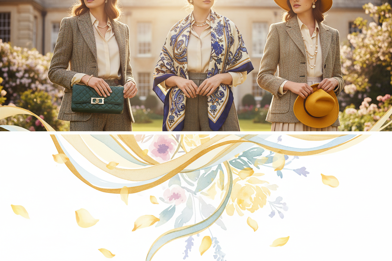 put products at top side of banner, create a stunning lifestyle hero banner with british style women accessories products collection, showcase them using by british style models. use fine touches of our yellow theme color, and use bright colors in banner. The height of banner is half than the regular that is 300 for desktop. put the products at top portion on the banner, so not to be cut in half banner size. create 2 separate portions upper and bottom and connect them in a stunning way