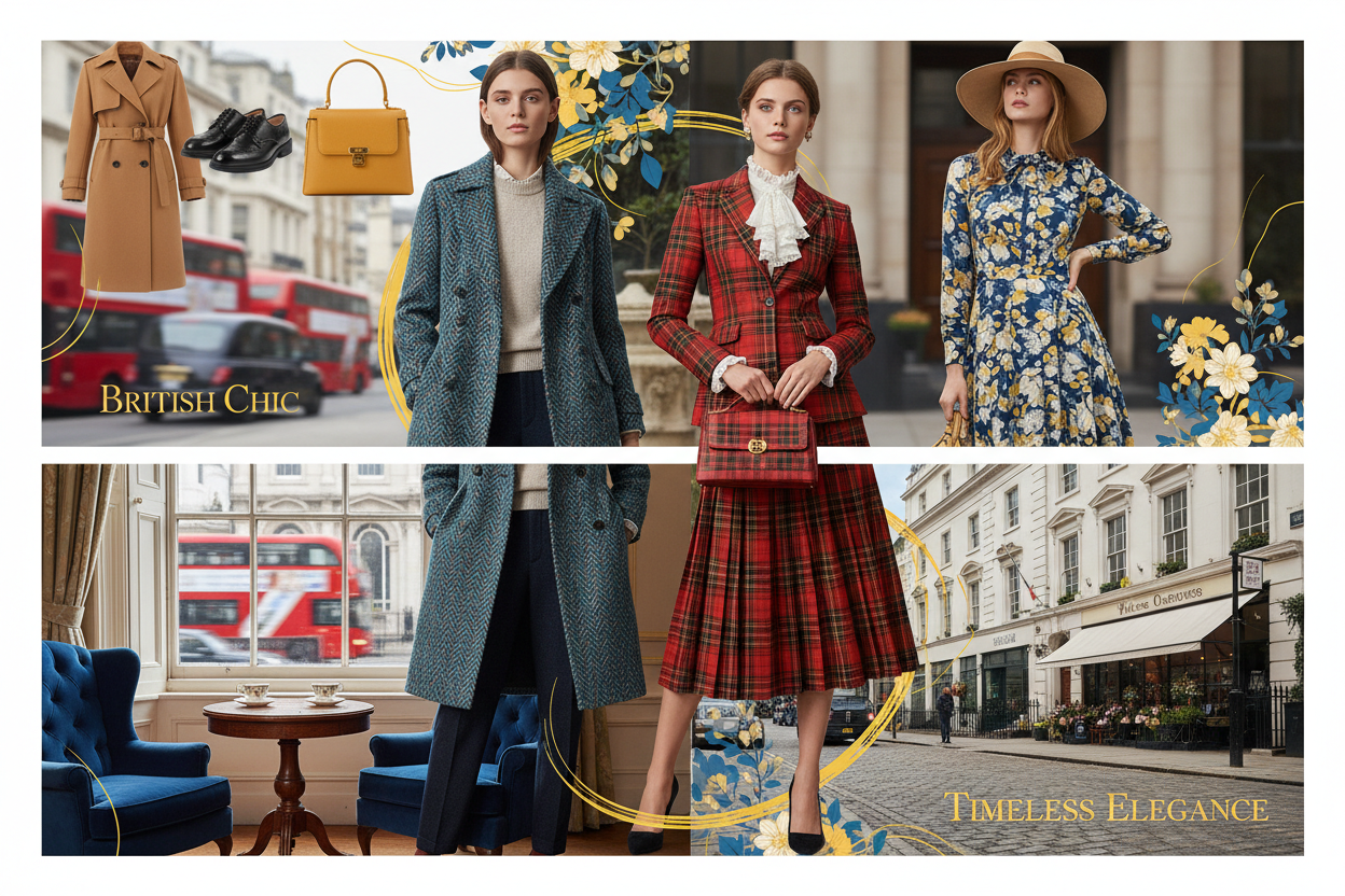 put products at top side of banner, create a stunning lifestyle hero banner with british style women fashion products collection, showcase them using by british style models. use fine touches of our yellow theme color, and use bright colors in banner. The height of banner is half than the regular that is 300 for desktop. put the products at top portion on the banner, so not to be cut in half banner size. create 2 separate portions upper and bottom and connect them in a stunning way