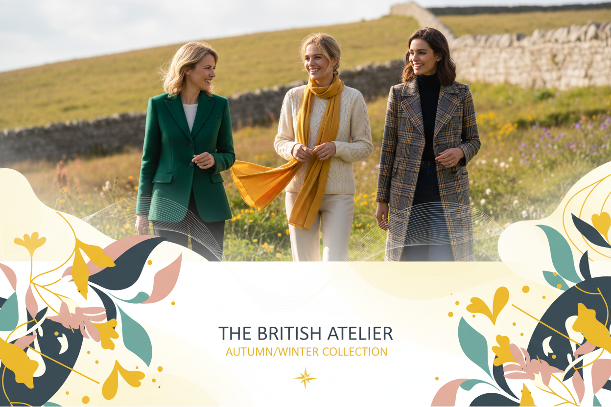 put products at top side of banner, create a stunning lifestyle hero banner with british style women jackets, sweaters and coats products collection, showcase them using by british style models. use fine touches of our yellow theme color, and use bright colors in banner. The height of banner is half than the regular that is 300 for desktop. put the products at top portion on the banner, so not to be cut in half banner size. create 2 separate portions upper and bottom and connect them in a stunning way