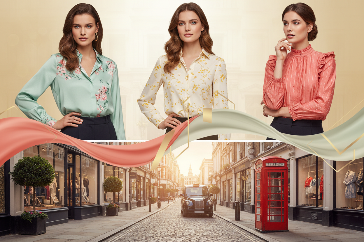 put products at top side of banner, create a stunning lifestyle hero banner with british style women shirts products collection, showcase them using by british style models. use fine touches of our yellow theme color, and use bright colors in banner. The height of banner is half than the regular that is 300 for desktop. put the products at top portion on the banner, so not to be cut in half banner size. create 2 separate portions upper and bottom and connect them in a stunning way