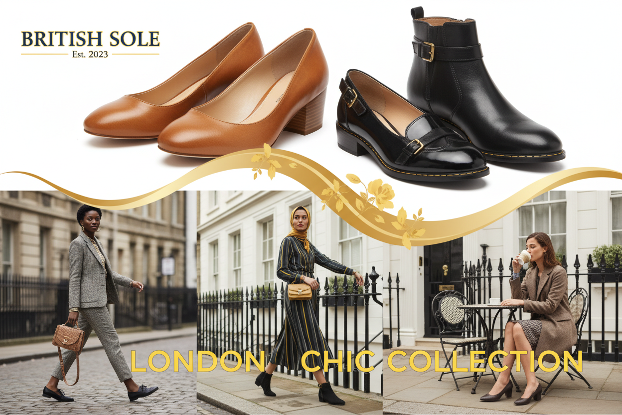 put products at top side of banner, create a stunning lifestyle hero banner with british style women shoes products collection, showcase them using by british style models. use fine touches of our yellow theme color, and use bright colors in banner. The height of banner is half than the regular that is 300 for desktop. put the products at top portion on the banner, so not to be cut in half banner size. create 2 separate portions upper and bottom and connect them in a stunning way