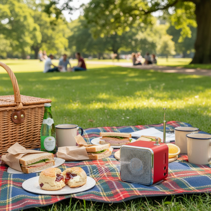 Red TD-V26 FM radio at British park picnic