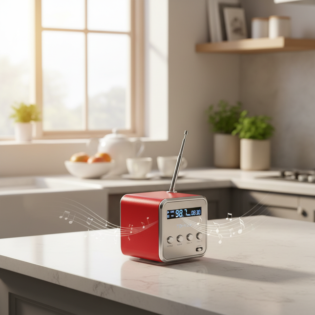 Red TD-V26 FM radio on British kitchen counter