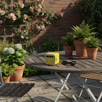 Yellow TD-V26 FM radio on British garden patio
